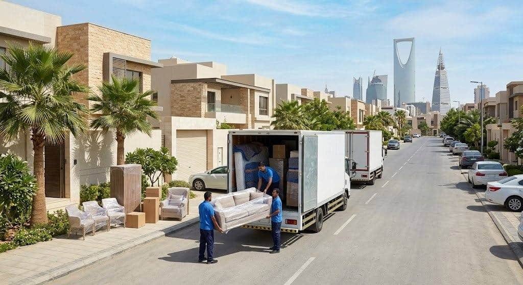 فريق محترف يقوم بتغليف ونقل الأثاث بعناية فائقة ضمن خدمات نقل عفش حي الصحافة بالرياض لضمان أقصى درجات الحماية للمنقولات ووصولها بأمان.