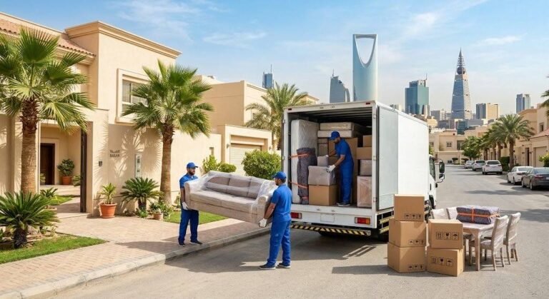 فريق عمل محترف يقوم بتغليف ونقل الأثاث بعناية فائقة ضمن خدمات نقل عفش حي العقيق بالرياض لضمان حماية الممتلكات ووصولها بأمان تام وبدون أي خدوش.
