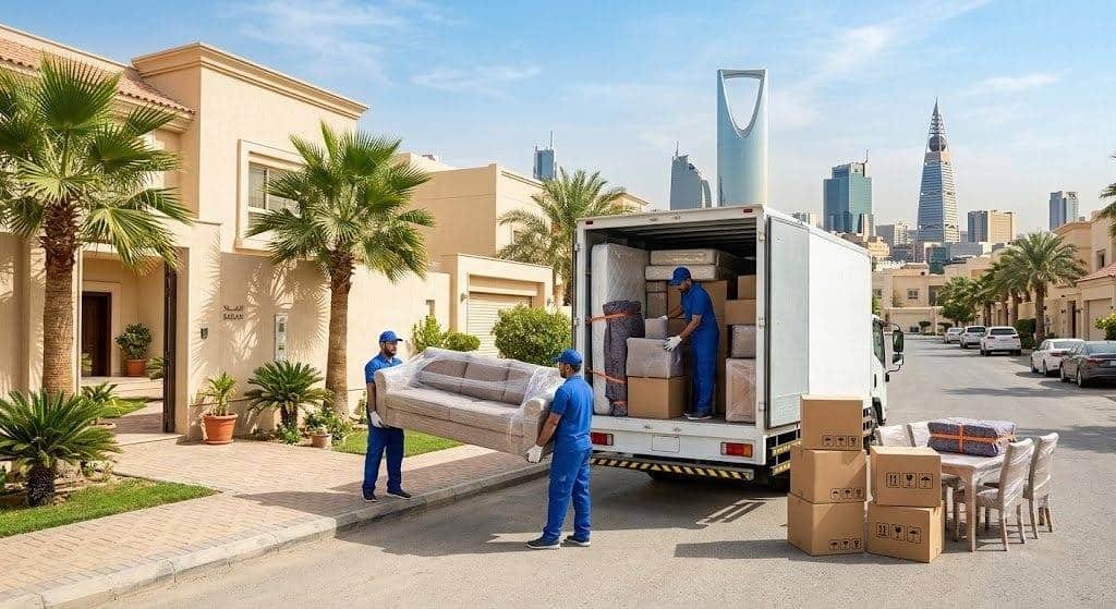 فريق عمل محترف يقوم بتغليف ونقل الأثاث بعناية فائقة ضمن خدمات نقل عفش حي العقيق بالرياض لضمان حماية الممتلكات ووصولها بأمان تام وبدون أي خدوش.