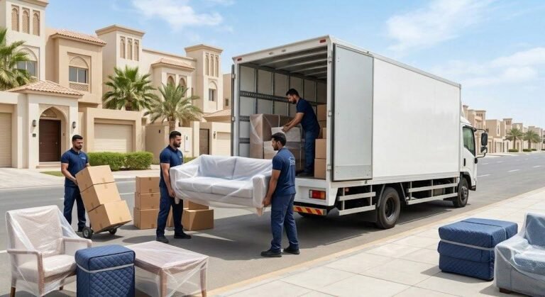 فريق عمل محترف يقوم بتغليف ونقل الأثاث بعناية فائقة ضمن خدمات نقل عفش حي المنار بالرياض لضمان حماية الممتلكات ووصولها بأمان تام وبدون أي خدوش.