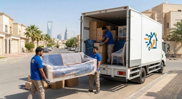 فريق عمل محترف يقوم بتغليف ونقل الأثاث بعناية فائقة ضمن خدمات نقل عفش حي الياسمين لضمان حماية الممتلكات ووصولها بأمان تام وبدون أي خدوش.