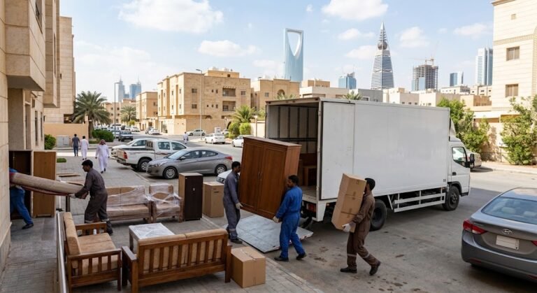 فريق متخصص يقوم بفك وتغليف ونقل العفش بأمان واحترافية ضمن خدمات نقل عفش حي الصحاف بالرياض