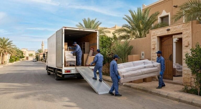 فريق عمل محترف يقوم بفك وتغليف ونقل الأثاث بأمان وعناية ضمن خدمات نقل عفش حي المرسلات بالرياض لضمان راحة وسلامة ممتلكات العملاء.