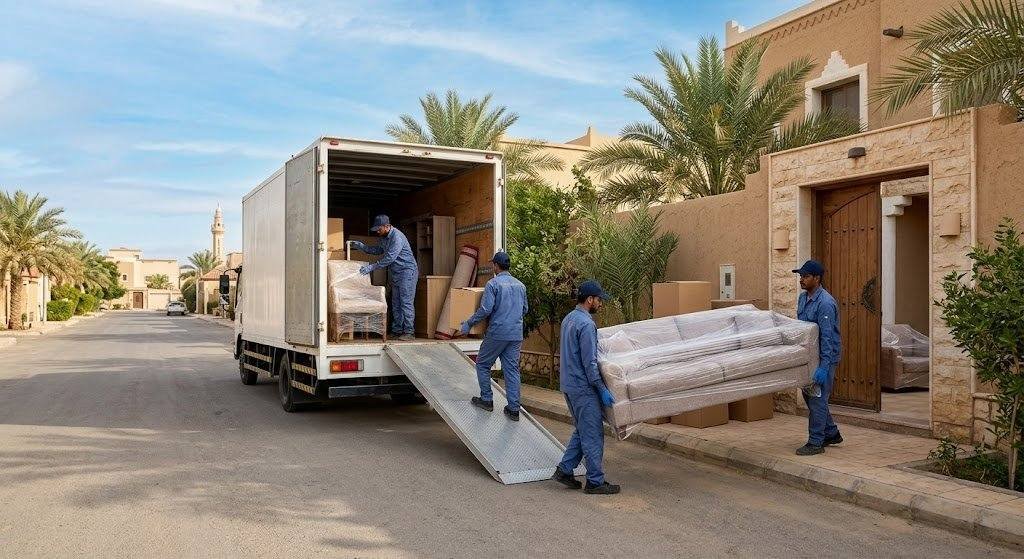 فريق عمل محترف يقوم بفك وتغليف ونقل الأثاث بأمان وعناية ضمن خدمات نقل عفش حي المرسلات بالرياض لضمان راحة وسلامة ممتلكات العملاء.