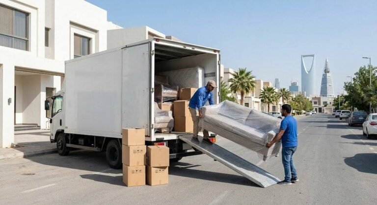 فريق عمل محترف يقوم بفك وتغليف ونقل الأثاث بعناية ضمن خدمات نقل عفش حي المهدية بالرياض لضمان حماية المنقولات وسلامتها.